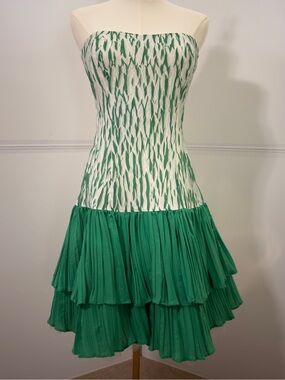 Vintage 80s RADAR Strapless Micro-Pleated Drop Waist Cocktail Mini Dress Green
